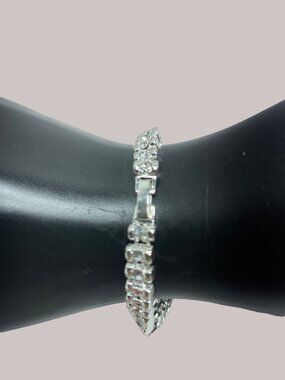 Rhinestone Tennis Bracelet 7" Silver Vintage Style